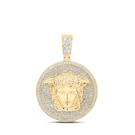 10K Yellow Gold Mens Round Diamond Medusa Circle Charm Pendant 2-5/8 Cttw