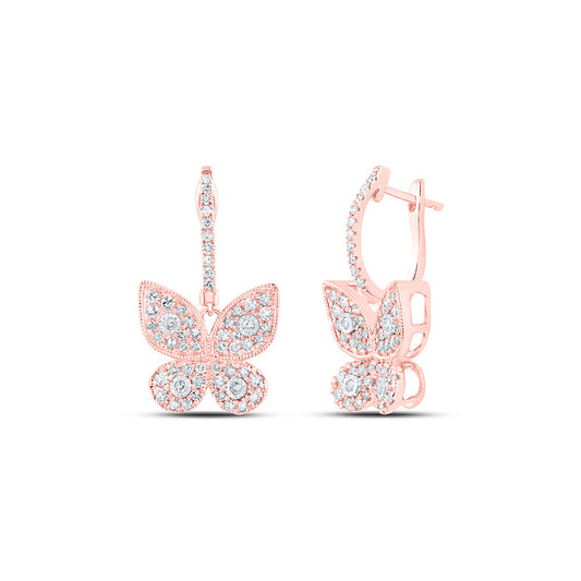 10K Yellow Or White Or Rose Gold Womens Round Diamond Butterfly Earrings