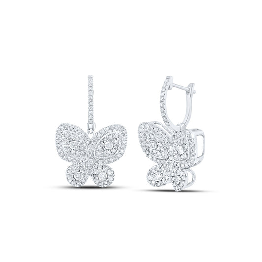 10K Yellow Or White Or Rose Gold Womens Round Diamond Hoop Butterfly Dangle Earrings