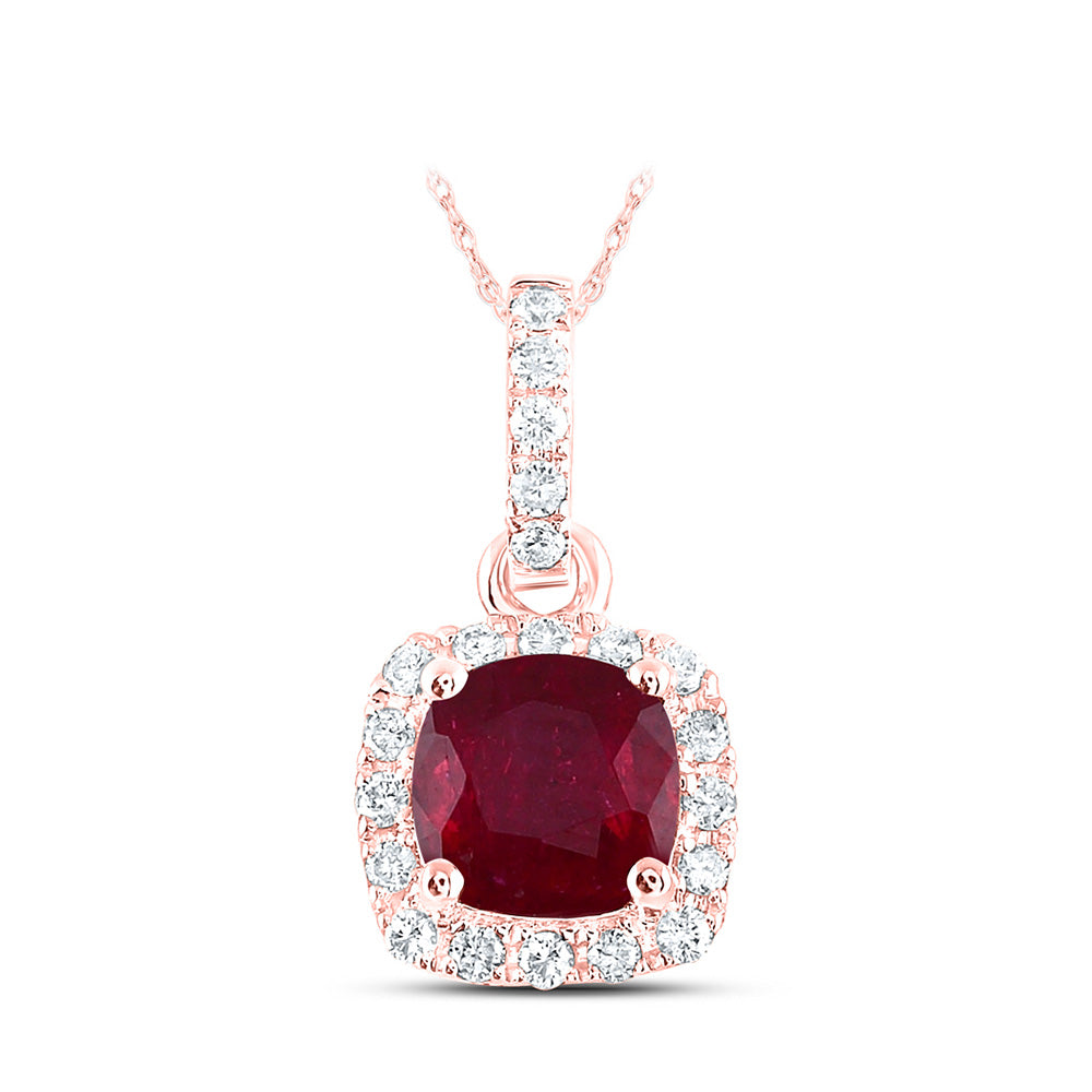 14K Rose Gold Womens Cushion Ruby Solitaire Diamond Halo Pendant 3/4 Cttw