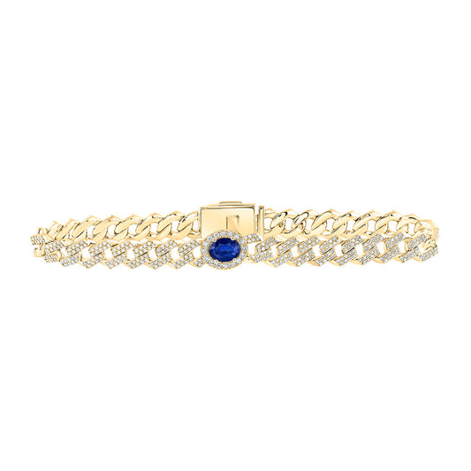 10K Yellow Gold Womens Oval Blue Sapphire Diamond Cuban Link Bracelet 4-1/5 Cttw, Width: 0.31 In