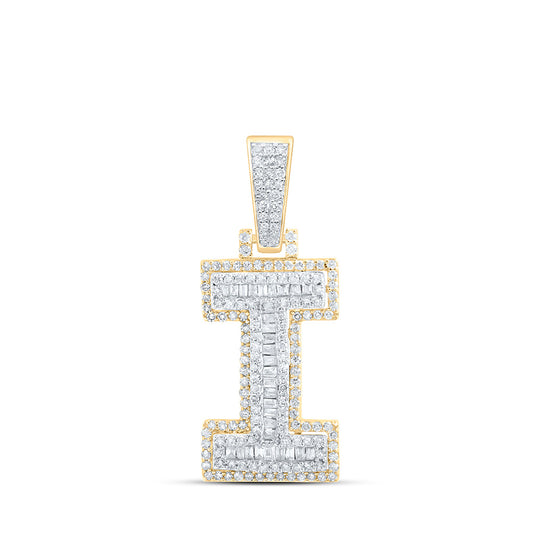 10K Yellow Gold Mens Baguette Diamond I Initial Letter Charm Pendant 5/8 Cttw