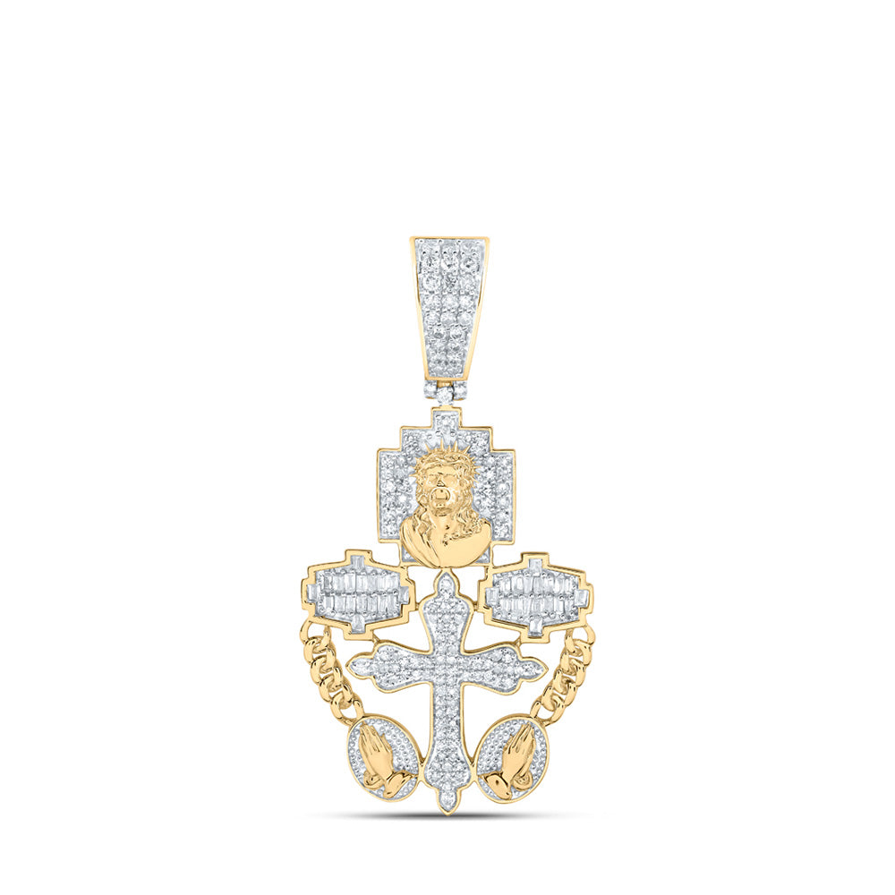 10K Yellow Gold Mens Round Diamond Rosary Jesus Cross Charm Pendant 3/4 Cttw