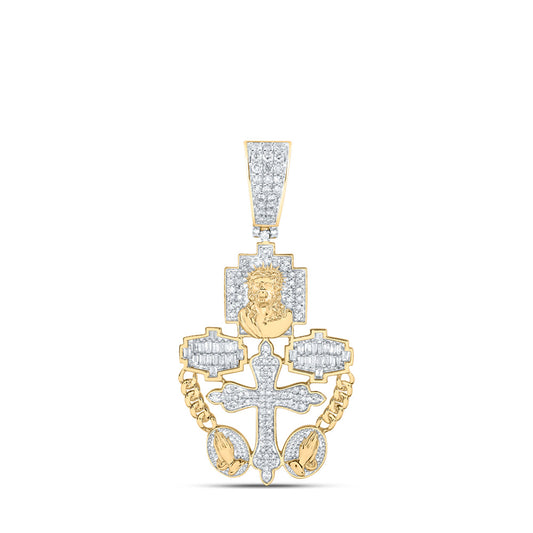 10K Yellow Gold Mens Round Diamond Rosary Jesus Cross Charm Pendant 3/4 Cttw