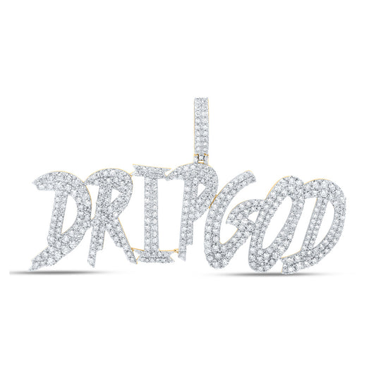 10K Yellow Gold Mens Round Diamond DRIP GOD Phrase Charm Pendant 6-5/8 Cttw