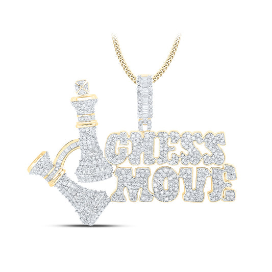 10K Yellow Gold Mens Baguette Diamond Chess Move Phrase Charm Pendant 3-1/2 Cttw