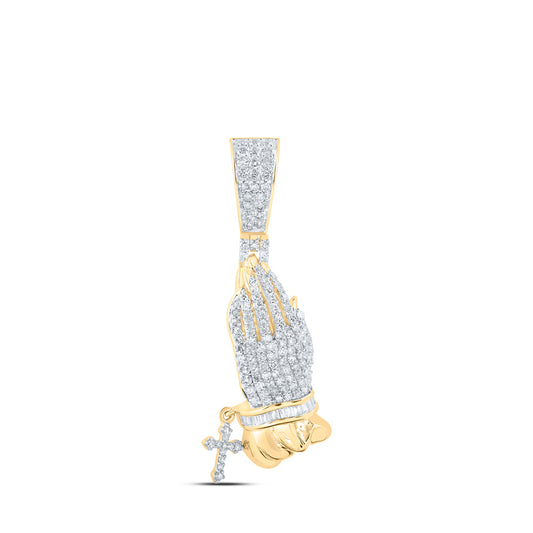 10K Yellow Gold Mens Round Diamond Prayer Hands Cross Charm Pendant 7/8 Cttw