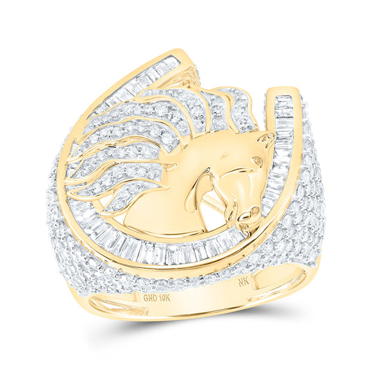 10K Yellow Gold Mens Baguette Diamond Horseshoe Ring 3-1/3 Cttw, Mens Size: 7-13