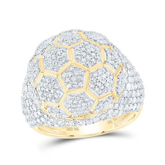 10K Yellow Gold Mens Round Diamond Soccer Ball Ring 3-3/8 Cttw, Mens Size: 7-13