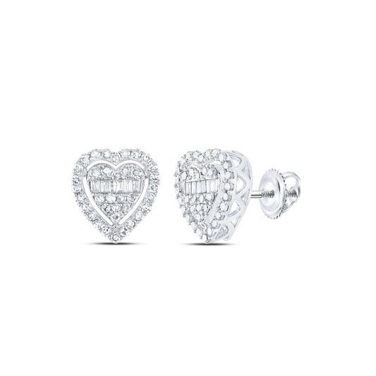 10K White Or Yellow Gold Womens Baguette Diamond Heart Earrings