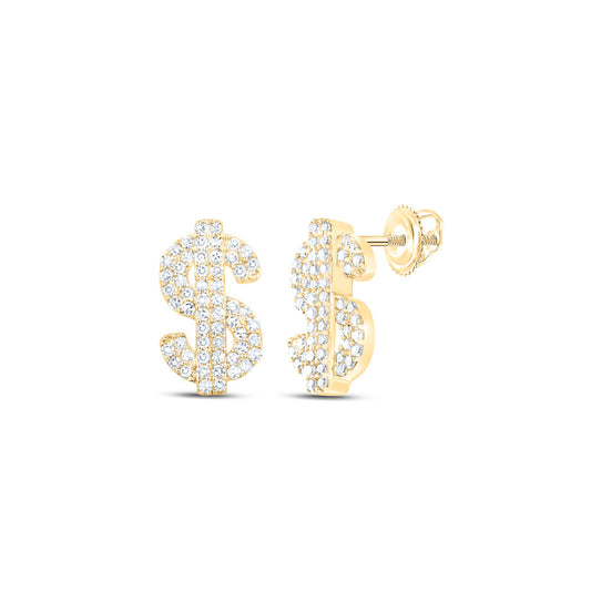 10K Yellow Gold Round Diamond Dollar Sign Stud Earrings 1/3 Cttw