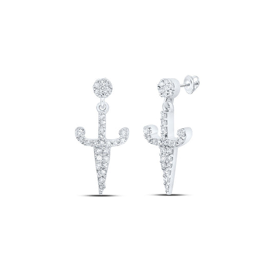 10K White Or Yellow Gold Womens Round Diamond Dagger Dangle Earrings