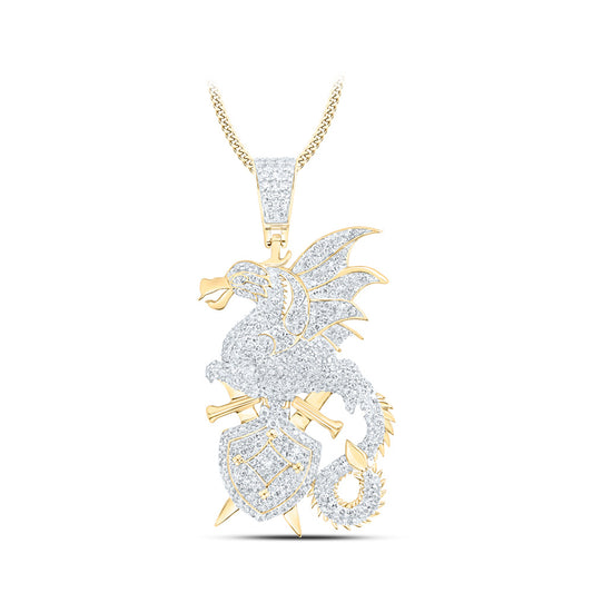 10K Yellow Gold Mens Round Diamond Dragon Sword Shield Charm Pendant 1-5/8 Cttw