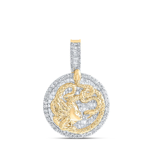 10K Yellow Gold Mens Baguette Diamond Medusa Snake Circle Charm Pendant 2-3/4 Cttw