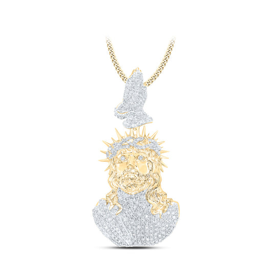 10K Yellow Gold Mens Round Diamond Jesus Prayer Hands Charm Pendant 2 Cttw