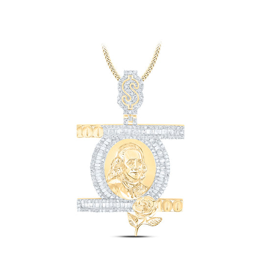 10K Yellow Gold Mens Baguette Diamond 100 Dollar Ben Franklin Charm Pendant 1-3/8 Cttw
