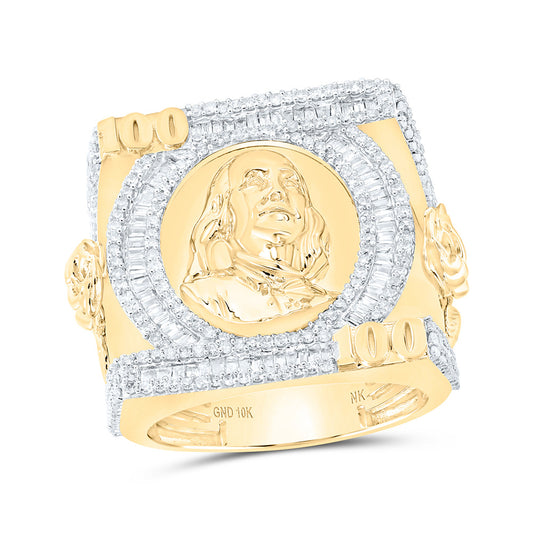 10K Yellow Gold Mens Baguette Diamond Ben Franklin 100 Cluster Ring 1-1/2 Cttw, Mens Size: 7-13