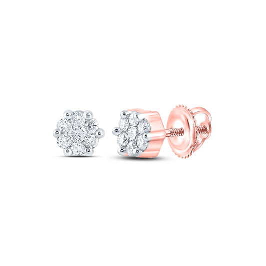 10K Yellow Or White Or Rose Gold Womens Round Diamond Flower Cluster Earrings