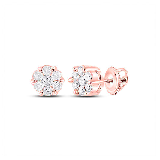 10K Yellow Or White Or Rose Gold Womens Round Diamond Flower Cluster Earrings