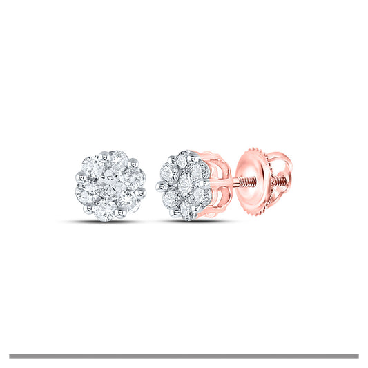 10K Yellow Or White Or Rose Gold Womens Round Diamond Flower Cluster Earrings