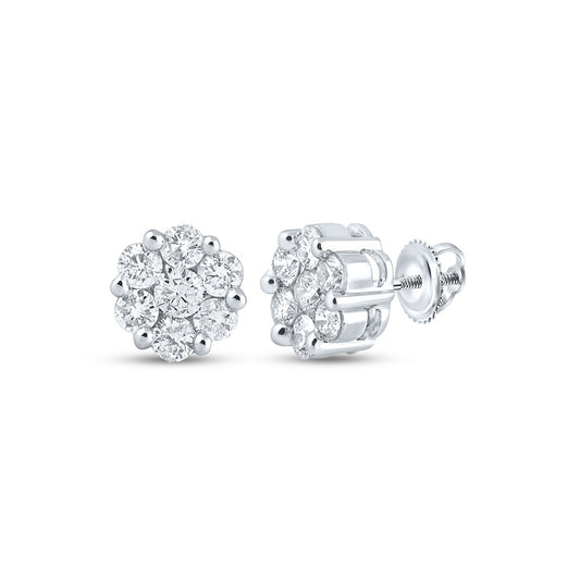 14K White Or Yellow Gold Womens Round Diamond Flower Cluster Earrings