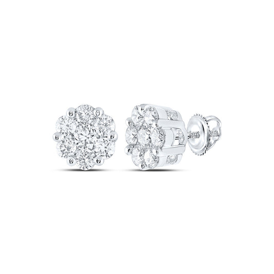 14K White Or Yellow Gold Womens Round Diamond Flower Cluster Earrings