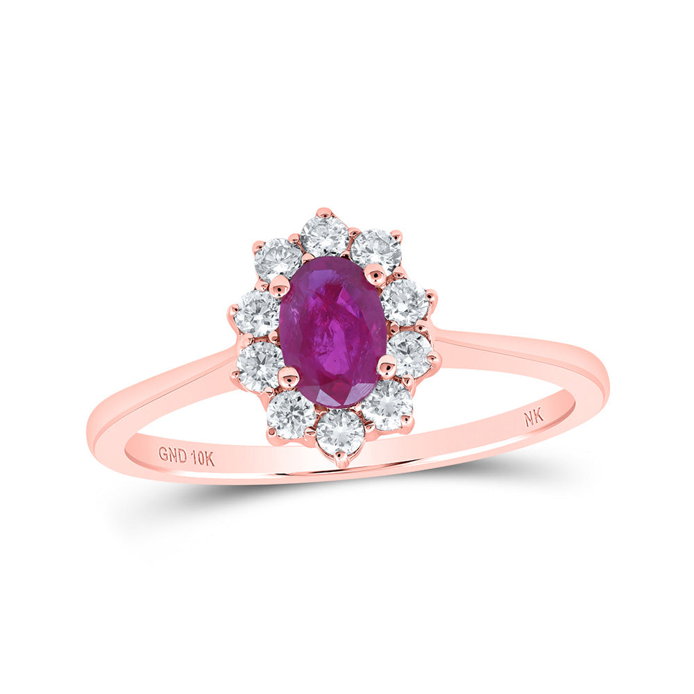 10K White Or Rose Gold Womens Oval Ruby Diamond Halo Ring , Womens Size: 5-10