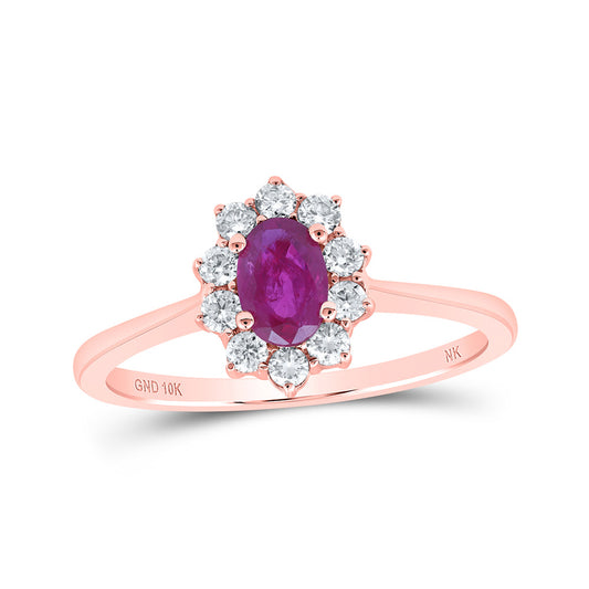 10K White Or Rose Gold Womens Oval Ruby Diamond Halo Ring , Womens Size: 5-10