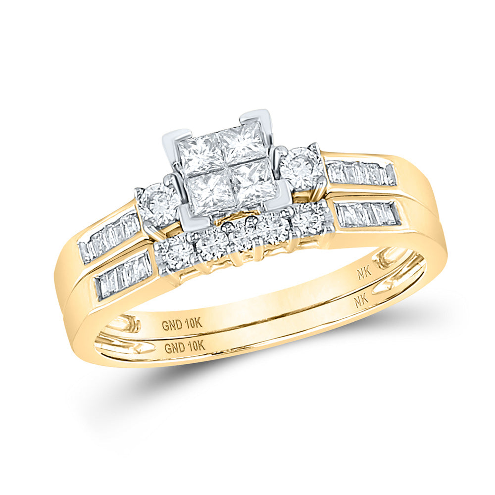 10K White Or Yellow Gold Princess Diamond Square Bridal Wedding Ring Band Set , Womens Size: 5-10