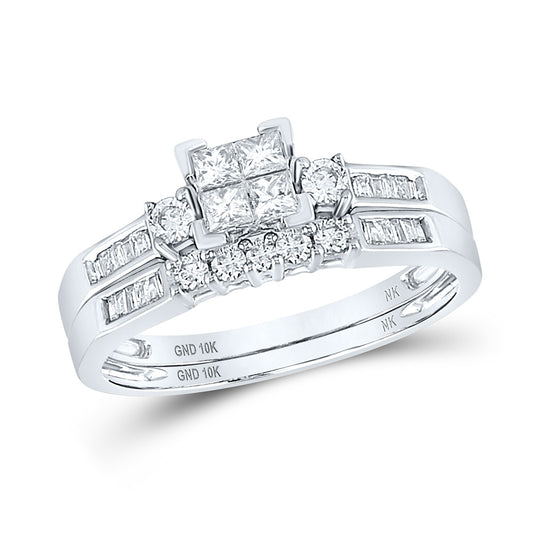 10K White Or Yellow Gold Princess Diamond Square Bridal Wedding Ring Band Set , Womens Size: 5-10