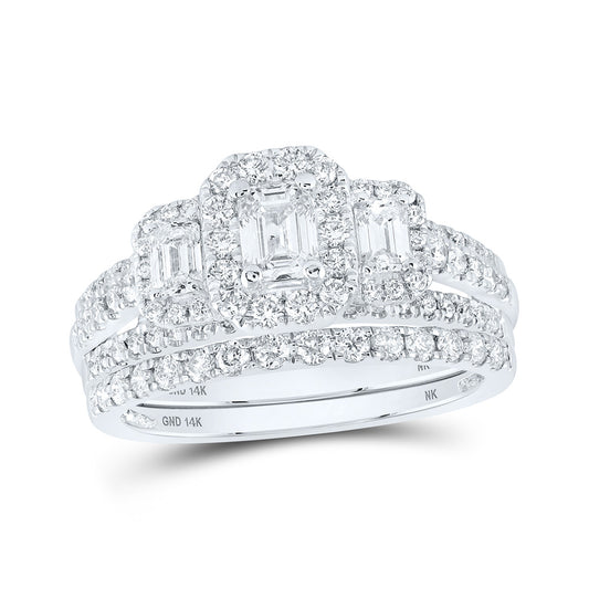 14K White Gold Emerald Diamond 3-Stone Halo Bridal Wedding Ring Band Set 1-1/2 Cttw, Womens Size: 5-10