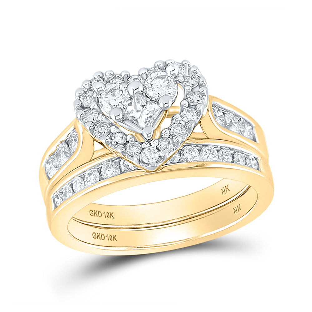 10K White Or Yellow Gold Princess Diamond Heart Bridal Wedding Ring Band Set , Womens Size: 5-10