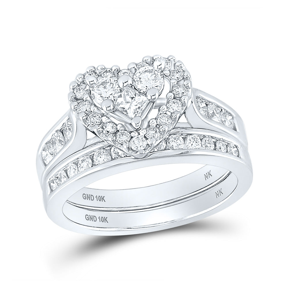 10K White Or Yellow Gold Princess Diamond Heart Bridal Wedding Ring Band Set , Womens Size: 5-10