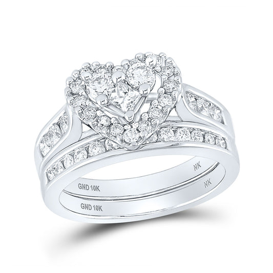 10K White Or Yellow Gold Princess Diamond Heart Bridal Wedding Ring Band Set , Womens Size: 5-10