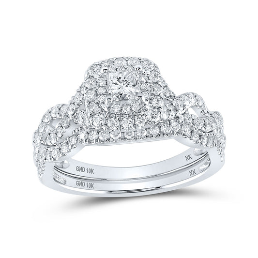 10K White Or Yellow Gold Princess Diamond Halo Bridal Wedding Ring Band Set , Womens Size: 5-10
