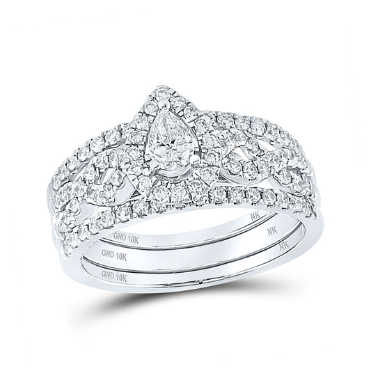 10K White Or Yellow Gold Pear Diamond 3-Piece Bridal Wedding Ring Band Set , Womens Size: 5-10