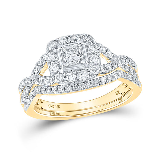 10K Yellow Gold Princess Diamond Halo Bridal Wedding Ring Band Set 1 Cttw, Womens Size: 5-10
