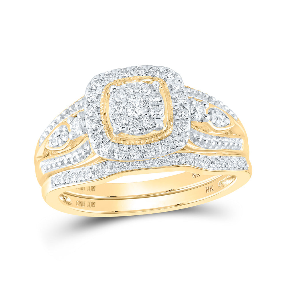 10K White Or Yellow Gold Round Diamond Square Cluster Bridal Wedding Ring Band Set , Womens Size: 5-10