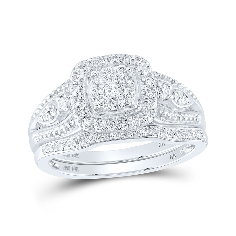 10K White Or Yellow Gold Round Diamond Square Cluster Bridal Wedding Ring Band Set , Womens Size: 5-10