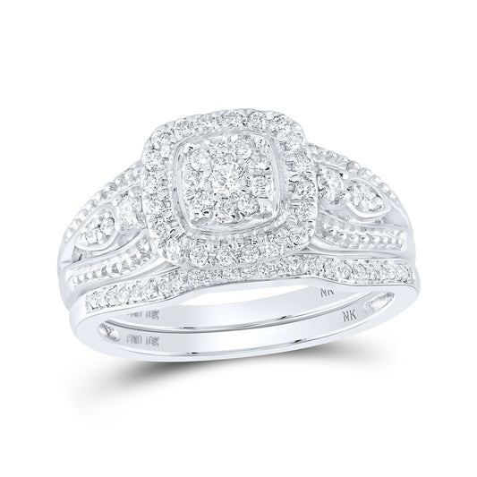 10K White Or Yellow Gold Round Diamond Square Cluster Bridal Wedding Ring Band Set , Womens Size: 5-10