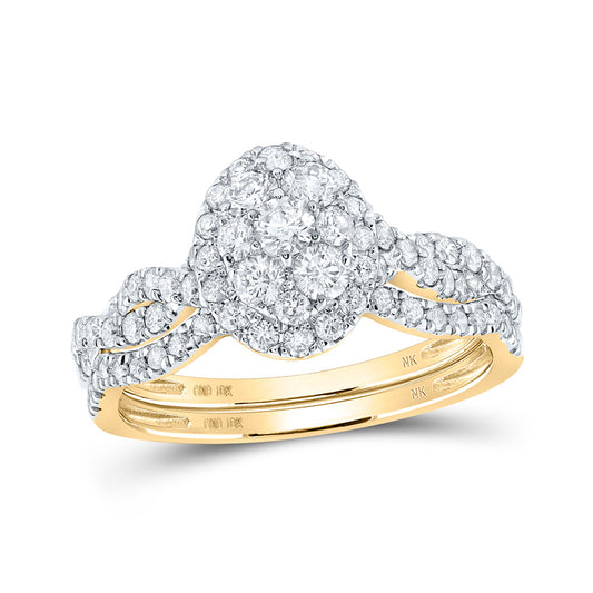 10K Yellow Gold Round Diamond Oval Cluster Bridal Wedding Ring Band Set 1 Cttw, Womens Size: 5-10