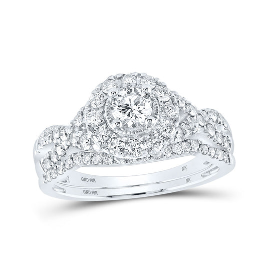 10K White Gold Round Diamond Halo Bridal Wedding Ring Band Set 1 Cttw, Womens Size: 5-10