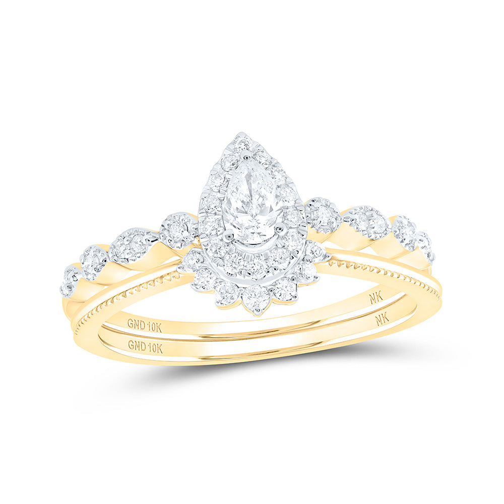 10K White Or Yellow Gold Pear Diamond Halo Bridal Wedding Ring Band Set , Womens Size: 5-10