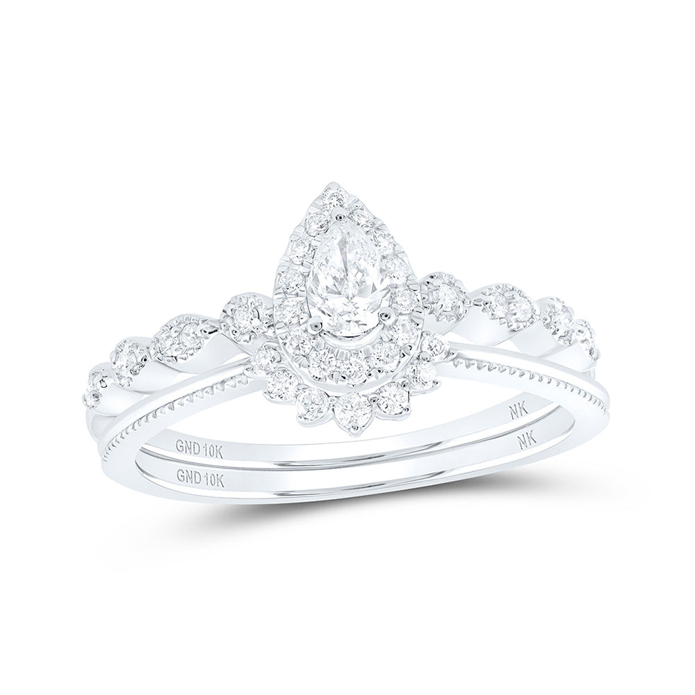 10K White Or Yellow Gold Pear Diamond Halo Bridal Wedding Ring Band Set , Womens Size: 5-10