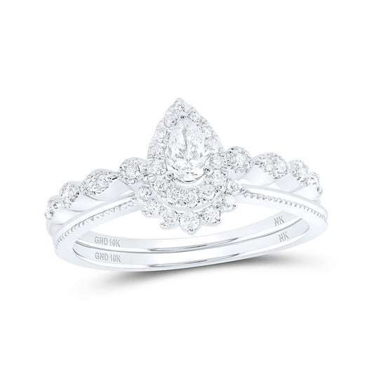 10K White Or Yellow Gold Pear Diamond Halo Bridal Wedding Ring Band Set , Womens Size: 5-10