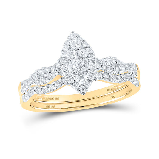 10K Yellow Gold Round Diamond Marquise-shape Cluster Bridal Wedding Ring Band Set 1/2 Cttw, Womens Size: 5-10