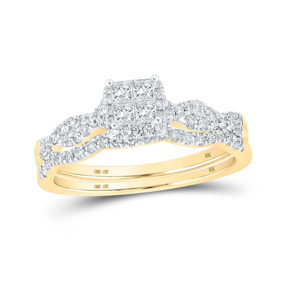 10K Yellow Gold Princess Diamond Bridal Wedding Ring Band Set 1/2 Cttw, Womens Size: 5-10