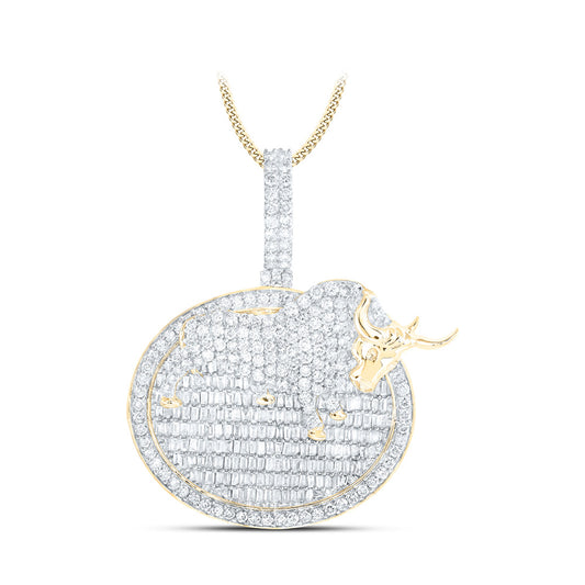 10K Yellow Gold Mens Baguette Diamond Bull Oval Charm Pendant 3 Cttw