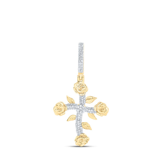 10K Yellow Gold Mens Round Diamond Rose Cross Charm Pendant 1/3 Cttw