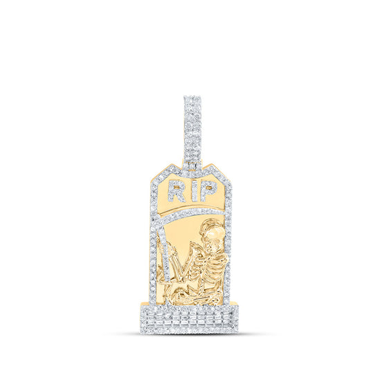 10K Yellow Gold Mens Baguette Diamond RIP Grim Reaper Tombstone Charm Pendant 1-1/5 Cttw